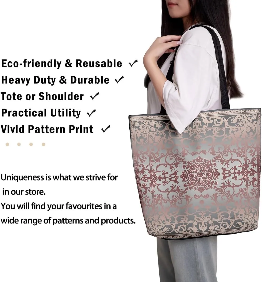 Damask Canvas Tote Bag for Women Gothic Travel Shopping Bag,Victorian Reusable Grocery Shoulder Bag