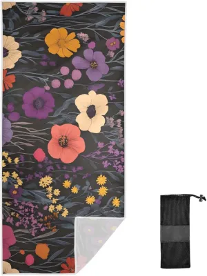 Dark Floral Symphony Large Beach Towel 30x60 Inch, Quick-Dry Sand-Resistant with Strap & Mesh Pouch, Skin-Friendly Lightweight for Camping, Pool, Travel, Gym, Fade-Resistant