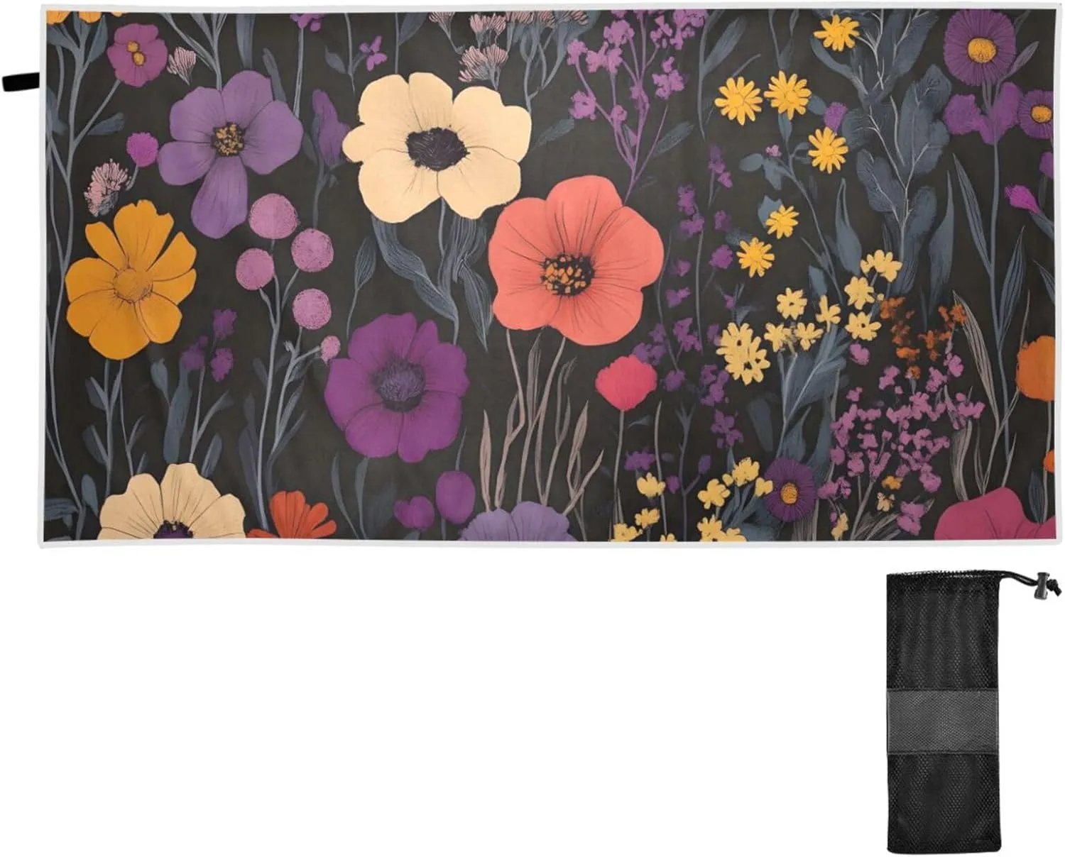 Dark Floral Symphony Large Beach Towel 30x60 Inch, Quick-Dry Sand-Resistant with Strap & Mesh Pouch, Skin-Friendly Lightweight for Camping, Pool, Travel, Gym, Fade-Resistant