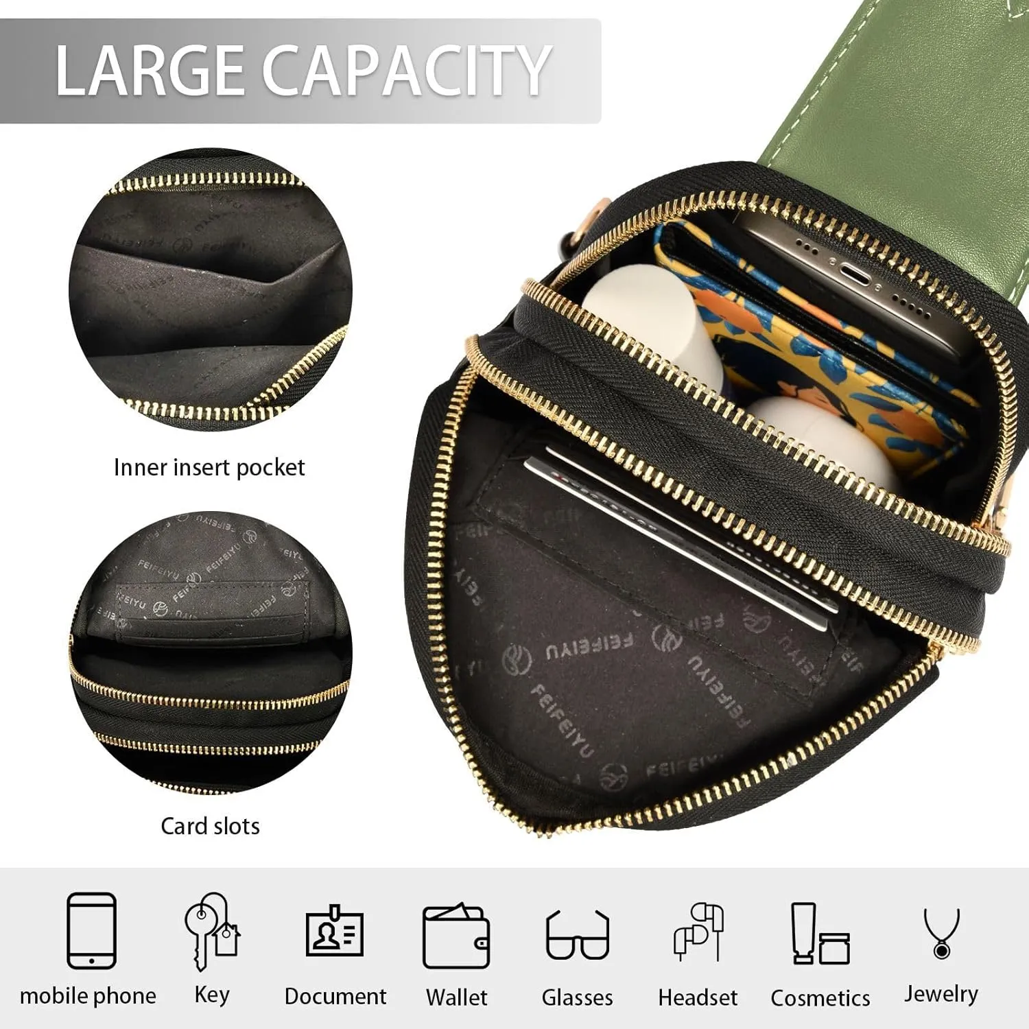 Dark Green Crossbody Sling Bag for Women Men Leather Chest Bags Purse Adjustable Cross Body Daypack for Cycling Hiking Running