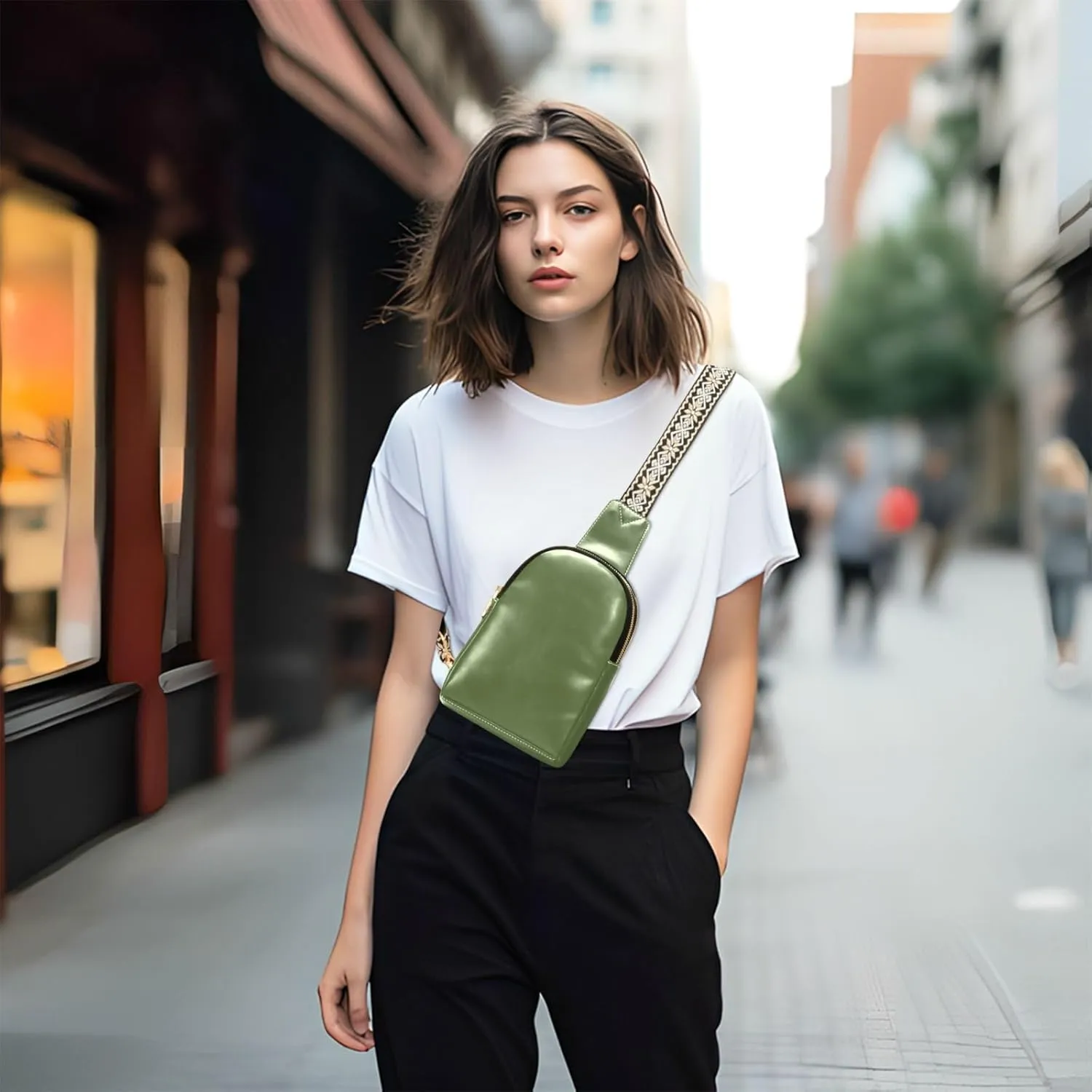 Dark Green Crossbody Sling Bag for Women Men Leather Chest Bags Purse Adjustable Cross Body Daypack for Cycling Hiking Running