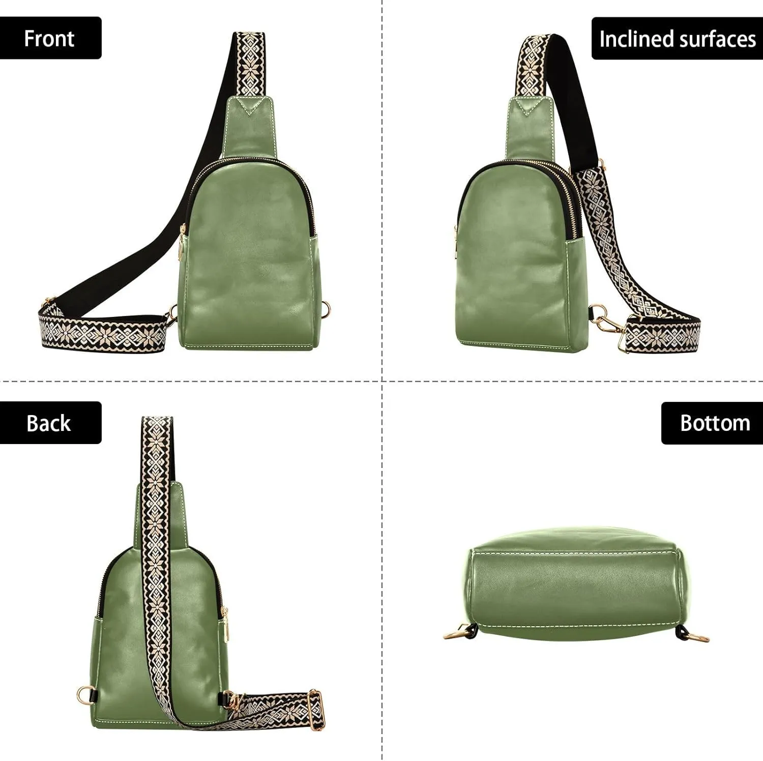 Dark Green Crossbody Sling Bag for Women Men Leather Chest Bags Purse Adjustable Cross Body Daypack for Cycling Hiking Running