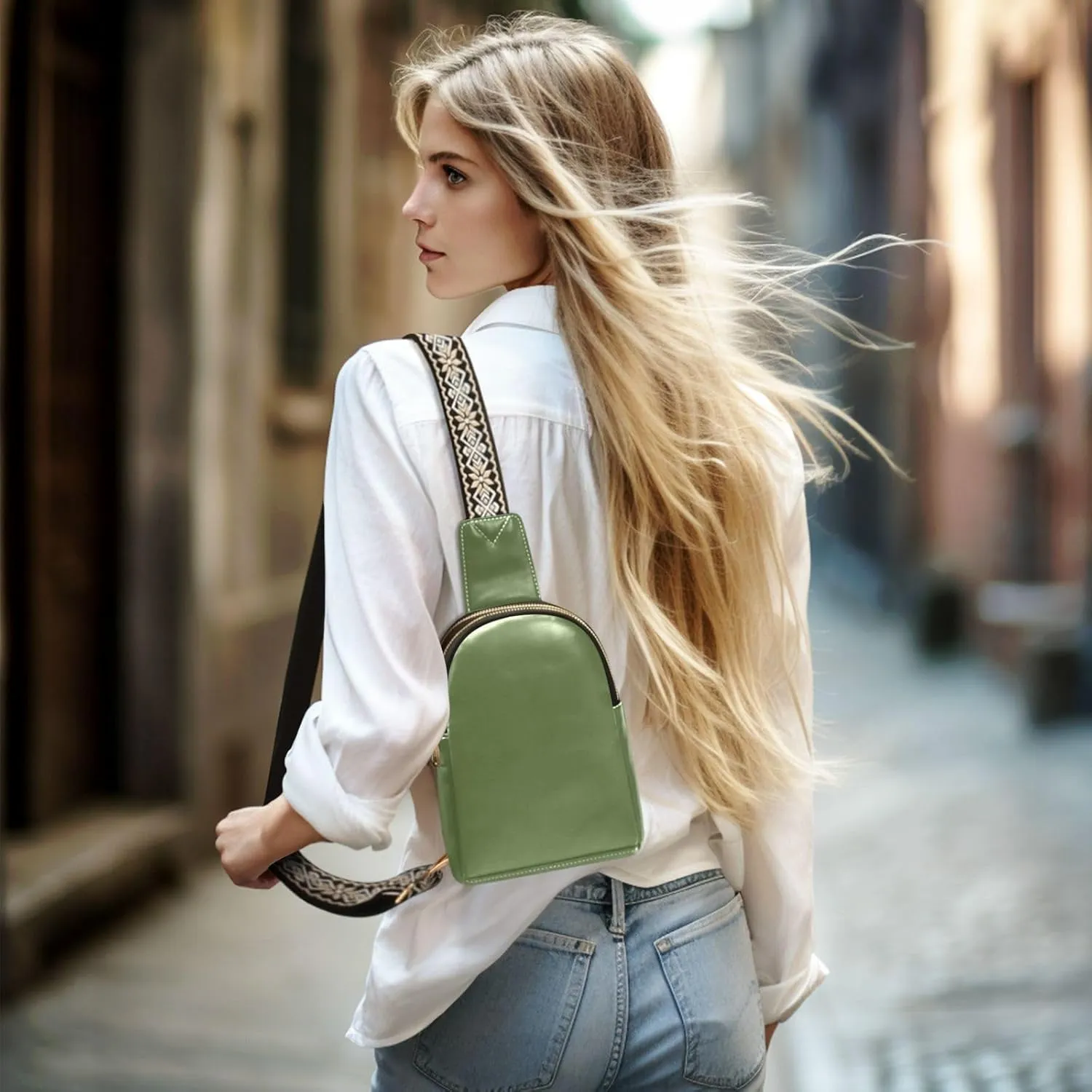 Dark Green Crossbody Sling Bag for Women Men Leather Chest Bags Purse Adjustable Cross Body Daypack for Cycling Hiking Running