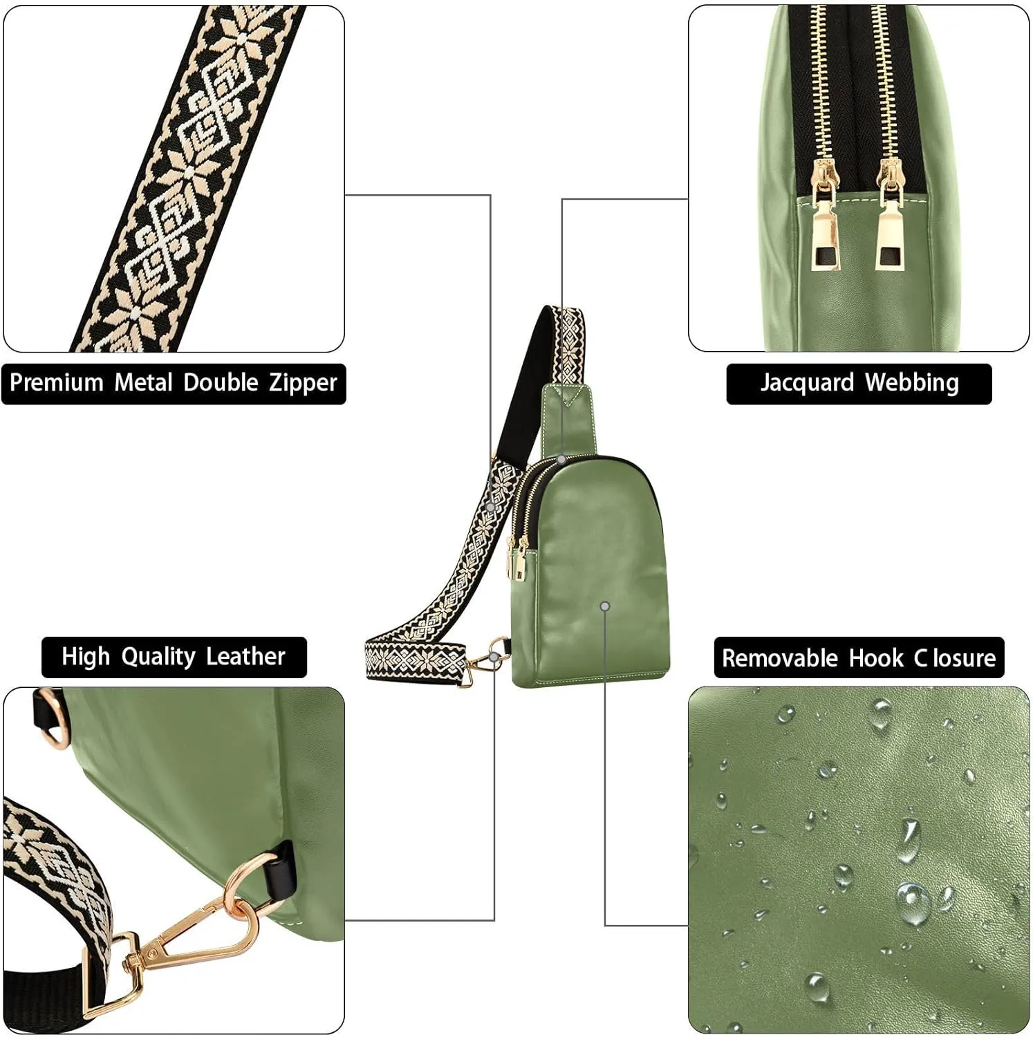 Dark Green Crossbody Sling Bag for Women Men Leather Chest Bags Purse Adjustable Cross Body Daypack for Cycling Hiking Running