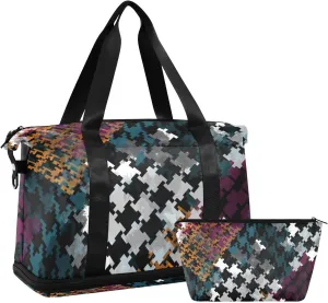 Dark Houndstooth Tweed Versatile Sports Travel Bag - Lasting Twill Tote, Removable Wheel & Rod Bagging, Multi-pocket Design, Complimentary Makeup Bag
