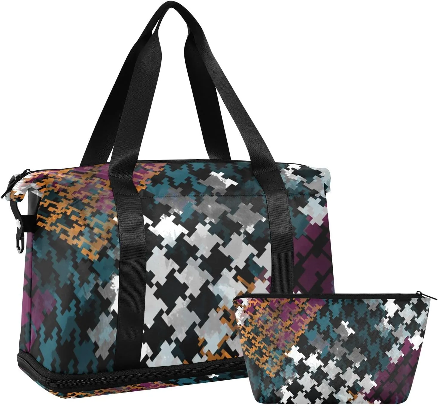 Dark Houndstooth Tweed Versatile Sports Travel Bag - Lasting Twill Tote, Removable Wheel & Rod Bagging, Multi-pocket Design, Complimentary Makeup Bag