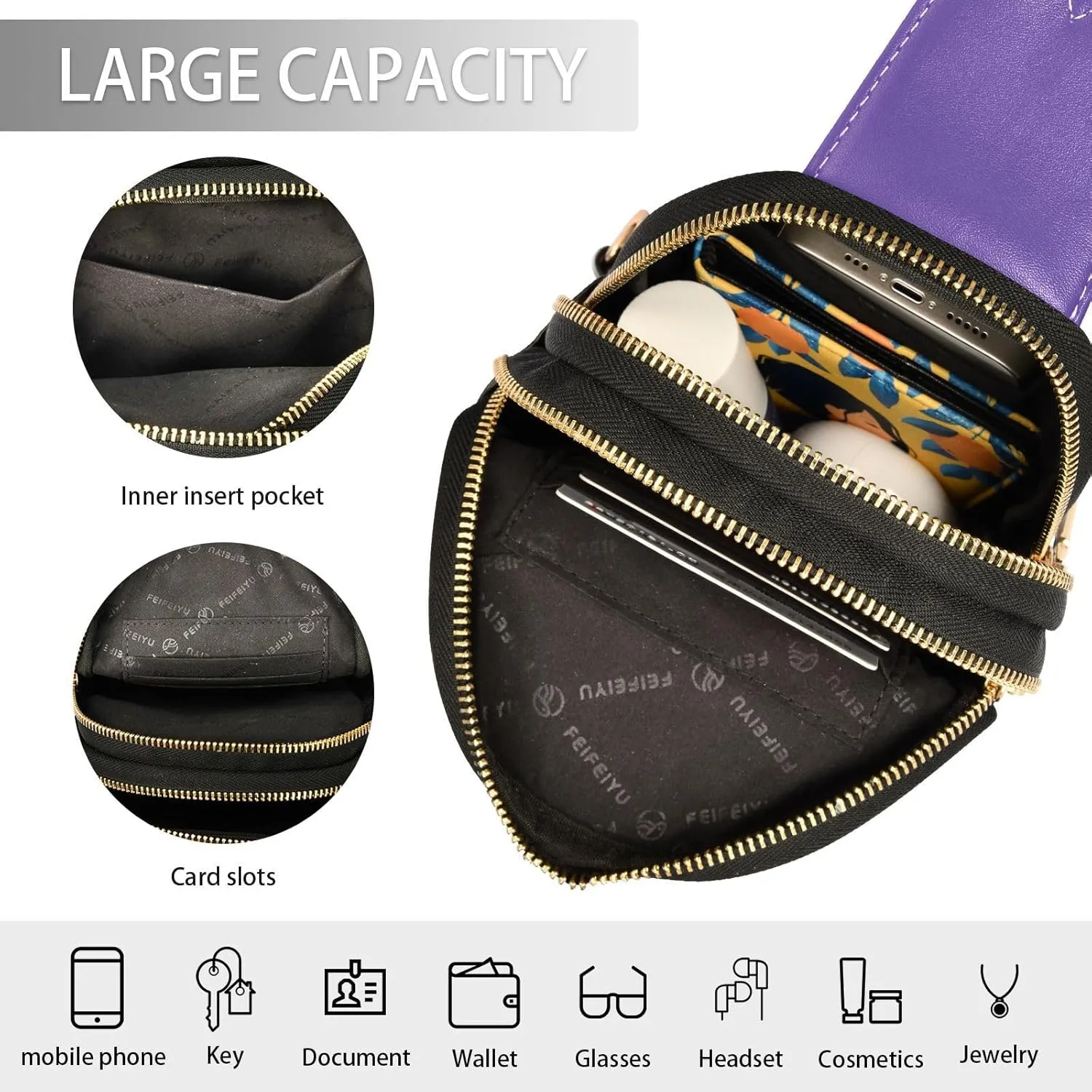 Dark Purple Crossbody Sling Bag for Women Men Leather Chest Bags Purse Adjustable Cross Body Daypack for Workout Outdoors Travel