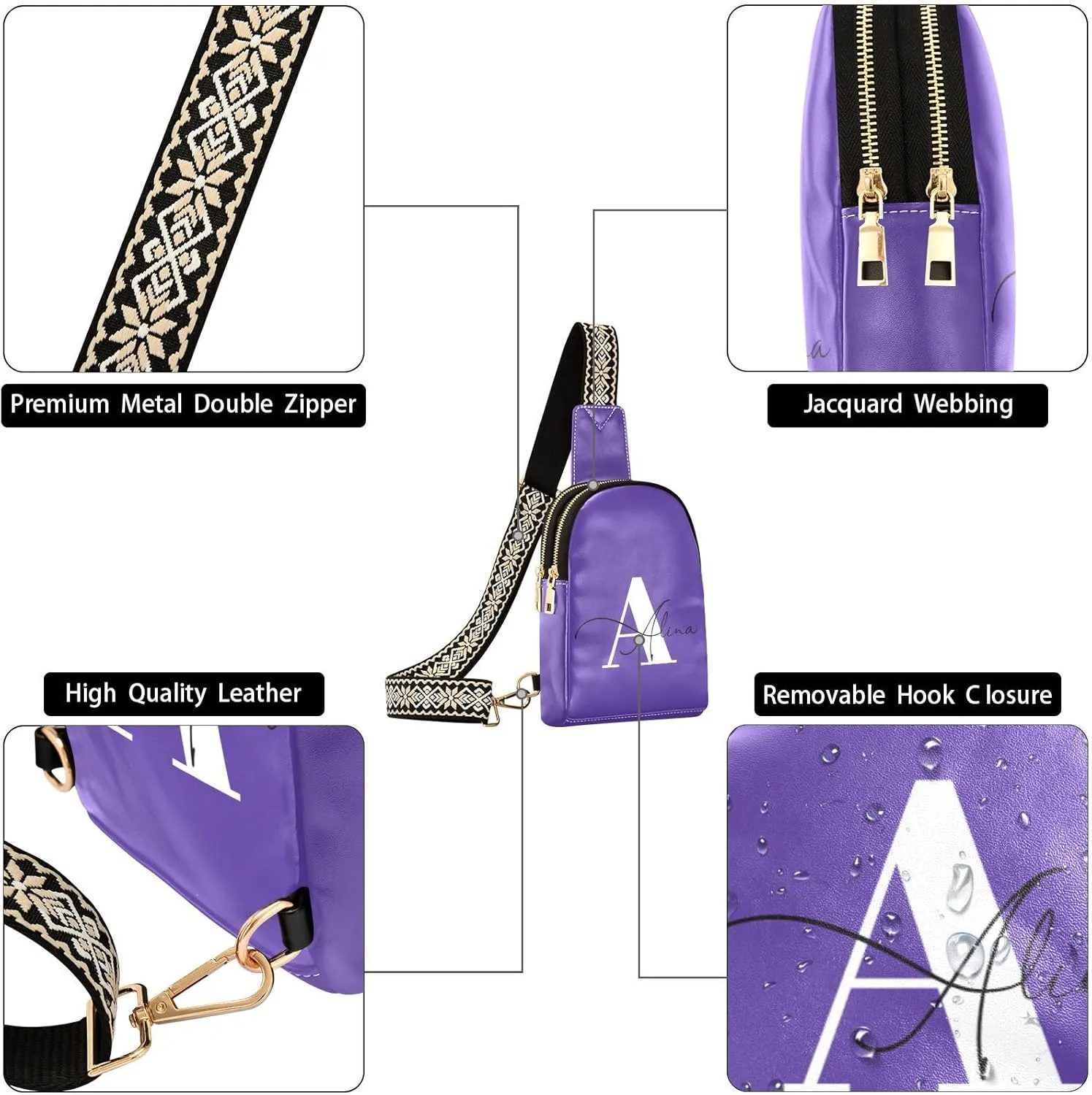 Dark Purple Custom Crossbody Sling Bag for Women Men Personalized Leather Chest Bags Purse Adjustable Cross Body Daypack for Cycling Hiking Running
