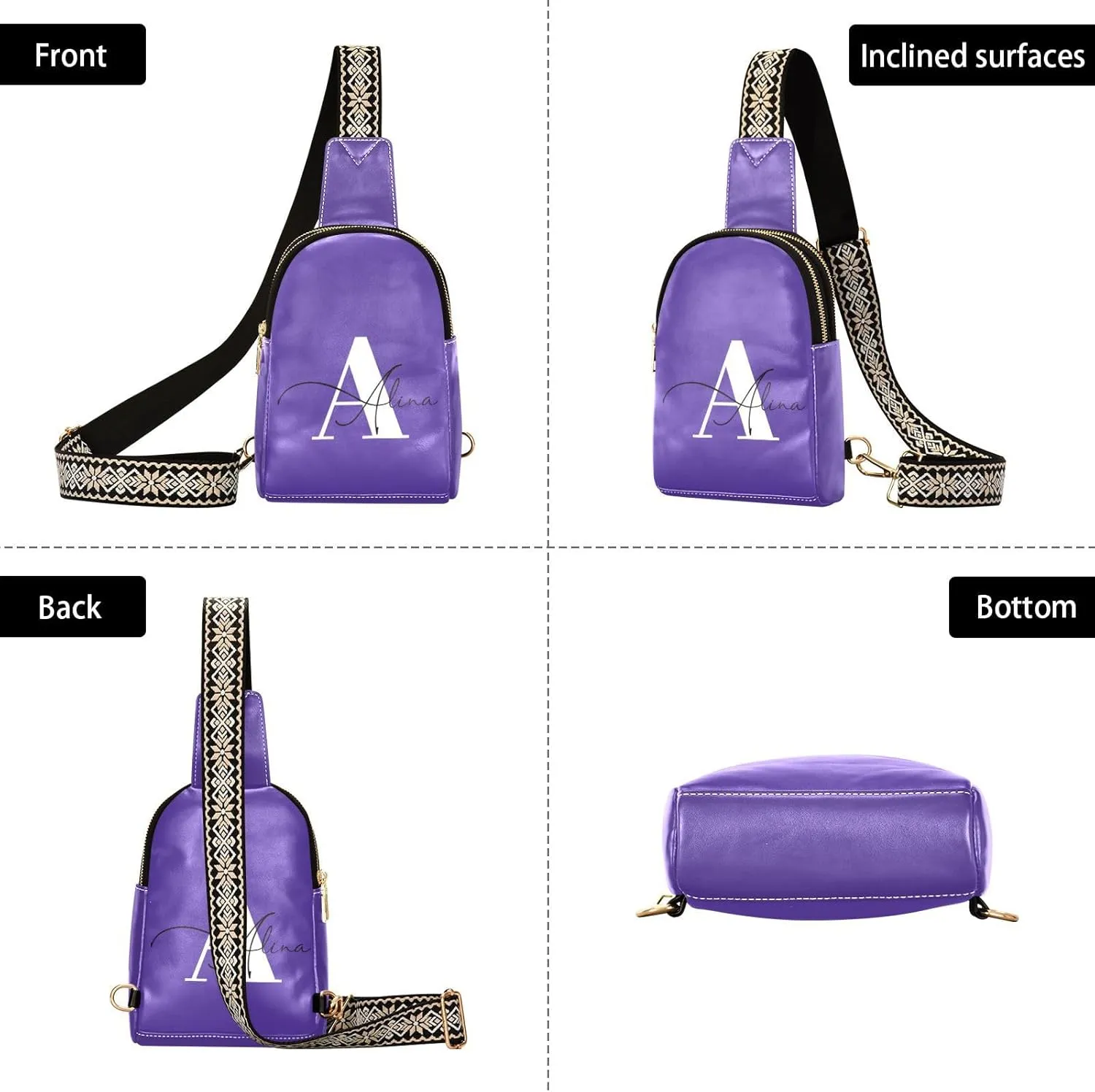 Dark Purple Custom Crossbody Sling Bag for Women Men Personalized Leather Chest Bags Purse Adjustable Cross Body Daypack for Cycling Hiking Running