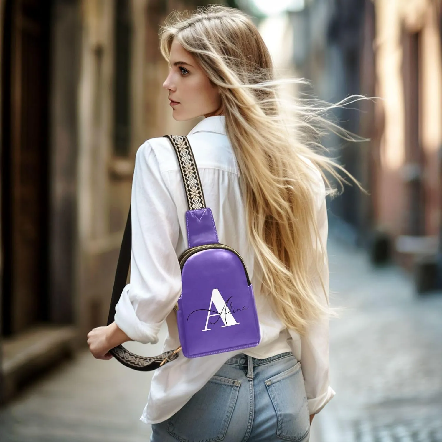 Dark Purple Custom Crossbody Sling Bag for Women Men Personalized Leather Chest Bags Purse Adjustable Cross Body Daypack for Cycling Hiking Running