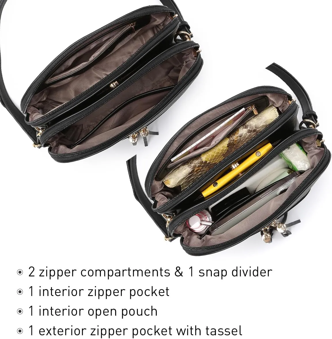 Dasein Women Tassel Zipper Pocket Crossbody Bag Shoulder Purse Fashion Travel Bag with Multi Pockets