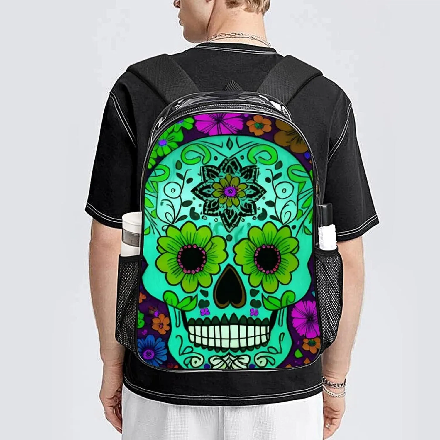 Daypack Bookbag Multipurpose Anti-Theft Big Capacity Carry On Bag - Grunge Mexican Sugar Skulls Day Of The Dead Flowers Art Travel Hiking & Camping Rucksack Transparent Bag