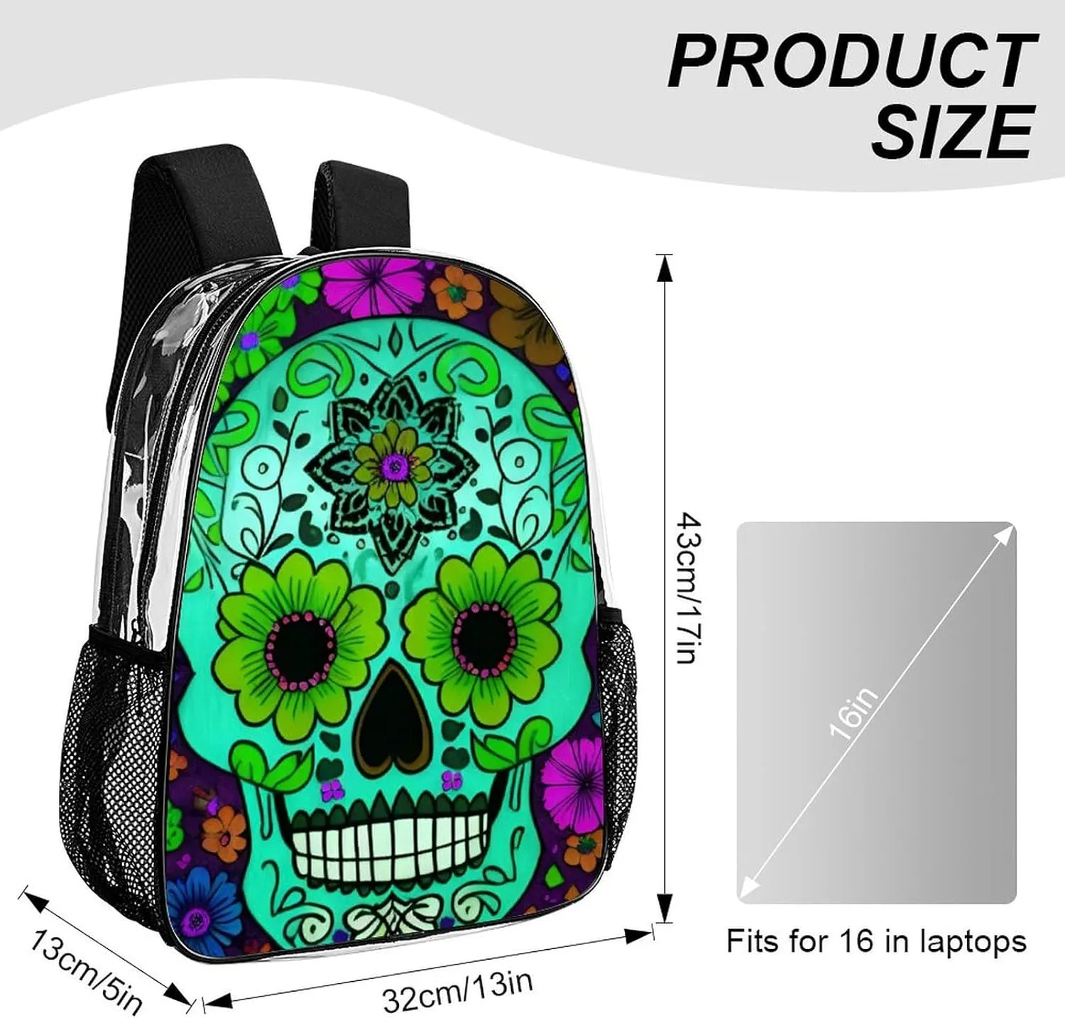 Daypack Bookbag Multipurpose Anti-Theft Big Capacity Carry On Bag - Grunge Mexican Sugar Skulls Day Of The Dead Flowers Art Travel Hiking & Camping Rucksack Transparent Bag
