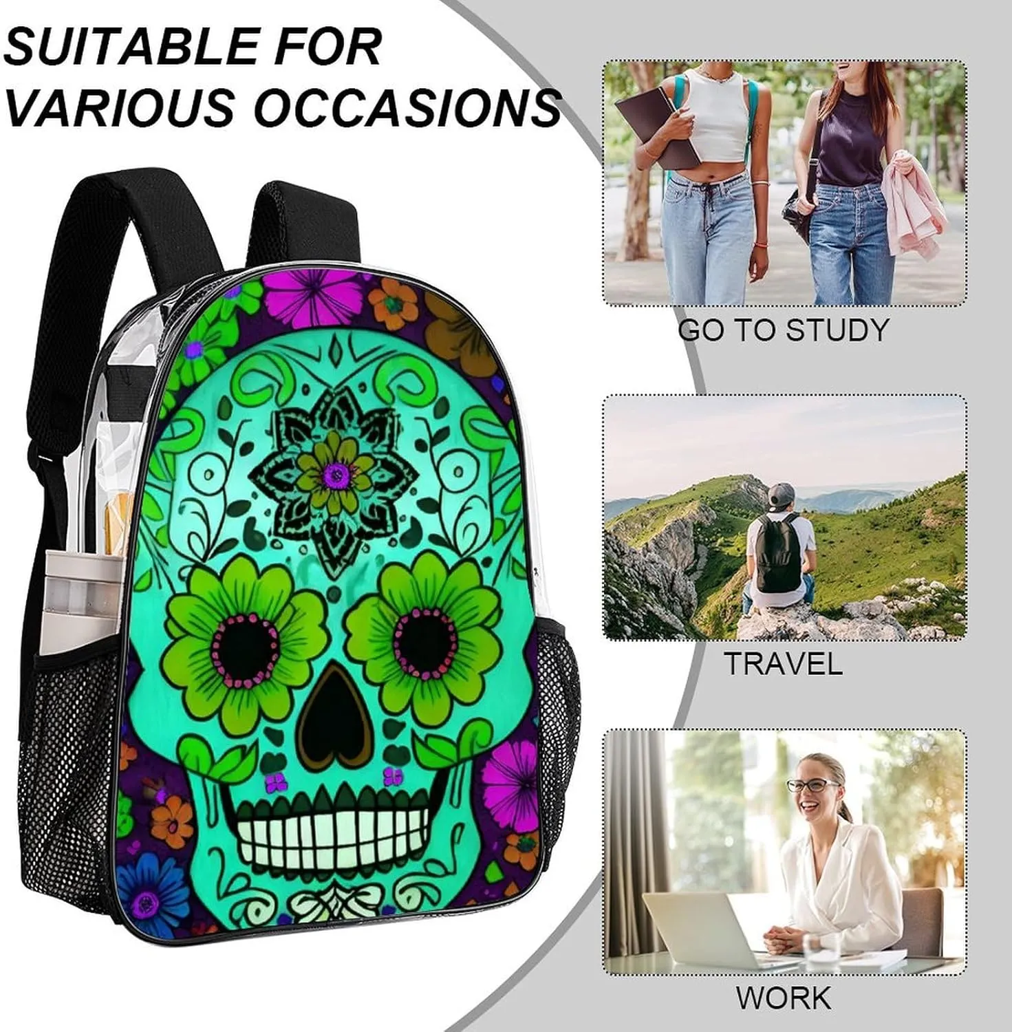 Daypack Bookbag Multipurpose Anti-Theft Big Capacity Carry On Bag - Grunge Mexican Sugar Skulls Day Of The Dead Flowers Art Travel Hiking & Camping Rucksack Transparent Bag