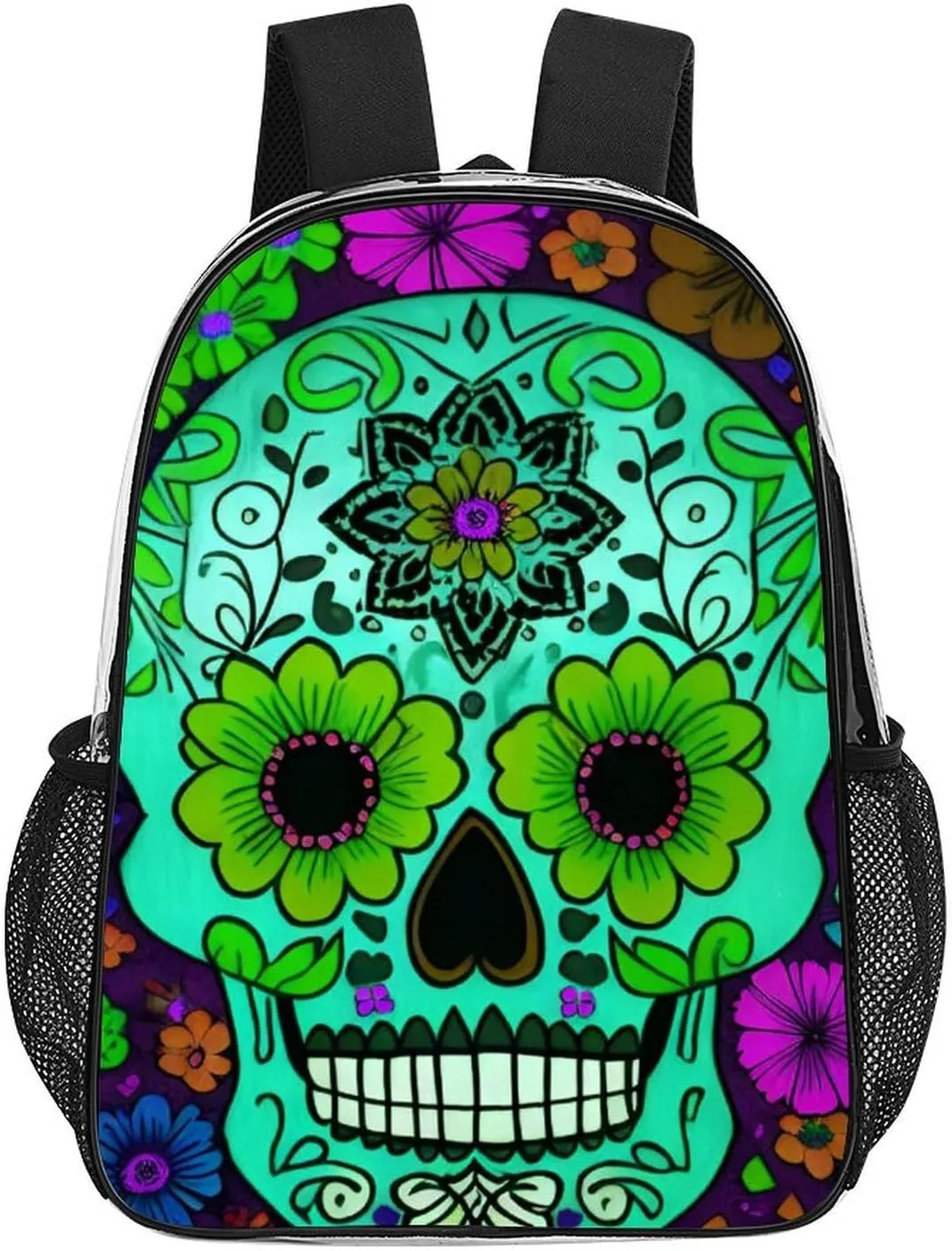 Daypack Bookbag Multipurpose Anti-Theft Big Capacity Carry On Bag - Grunge Mexican Sugar Skulls Day Of The Dead Flowers Art Travel Hiking & Camping Rucksack Transparent Bag