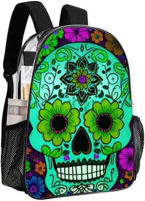 Daypack Bookbag Multipurpose Anti-Theft Big Capacity Carry On Bag - Grunge Mexican Sugar Skulls Day Of The Dead Flowers Art Travel Hiking & Camping Rucksack Transparent Bag