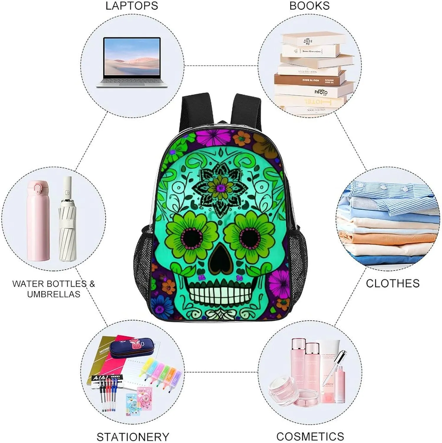 Daypack Bookbag Multipurpose Anti-Theft Big Capacity Carry On Bag - Grunge Mexican Sugar Skulls Day Of The Dead Flowers Art Travel Hiking & Camping Rucksack Transparent Bag