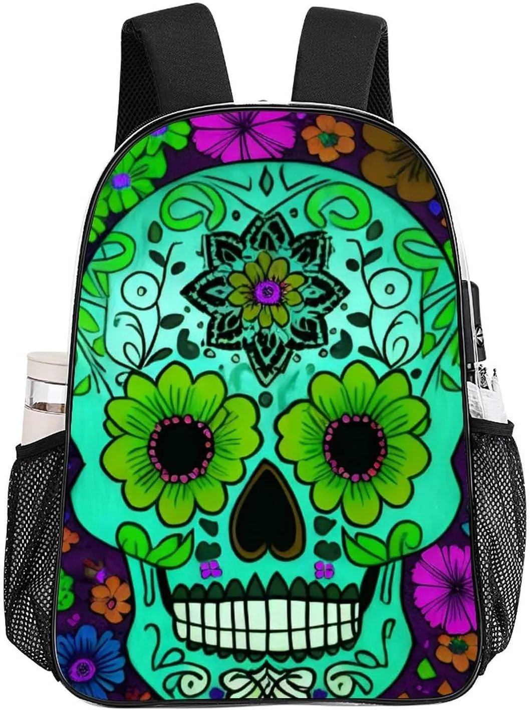 Daypack Bookbag Multipurpose Anti-Theft Big Capacity Carry On Bag - Grunge Mexican Sugar Skulls Day Of The Dead Flowers Art Travel Hiking & Camping Rucksack Transparent Bag