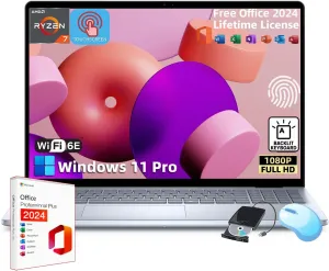 Dell Inspiron-16 Touchscreen Business Laptop - w/Office 2024 Lifetime • 16-inch FHD  Display • AMD Ryzen 7-8840U • Backlit KB • Fingerprint • Win 11 Pro & External DVD Drive (64GB DDR5 RAM | 2TB SSD)