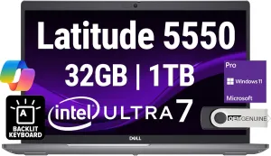 Dell Latitude 5550 Business Notebook 15.6" FHD Intel Ultra 7-155U (Beats i7-1355U), 32GB DDR5 RAM, 1TB NVMe, Wi-Fi 6E, BT, Backlit Keyboard, HD Webcam, RJ-45, Win 11 Pro