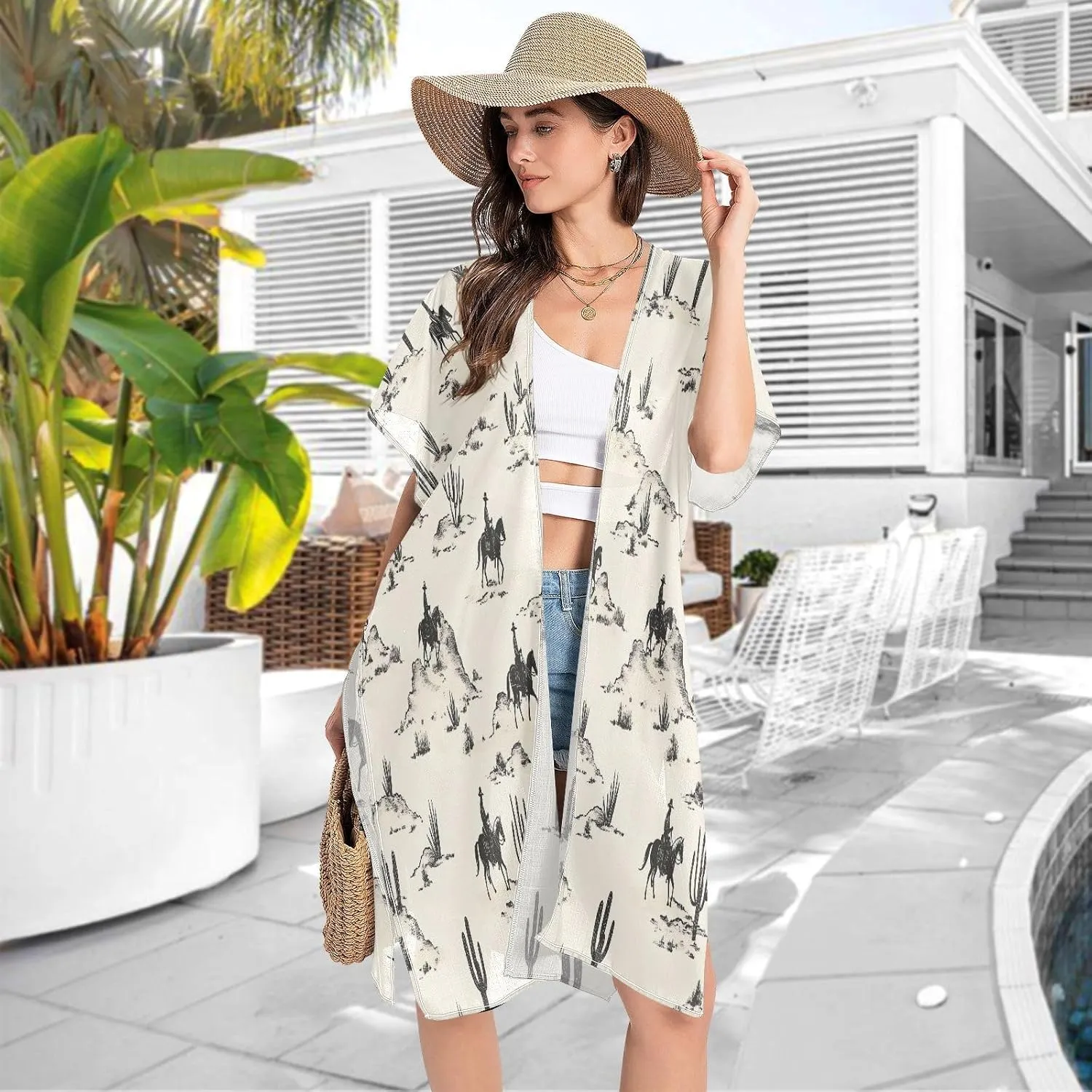 Desert Horseback Riding Women's Beach Cover up,Cardigan Swimsuit Kimono Casual Beach Swimwear-S