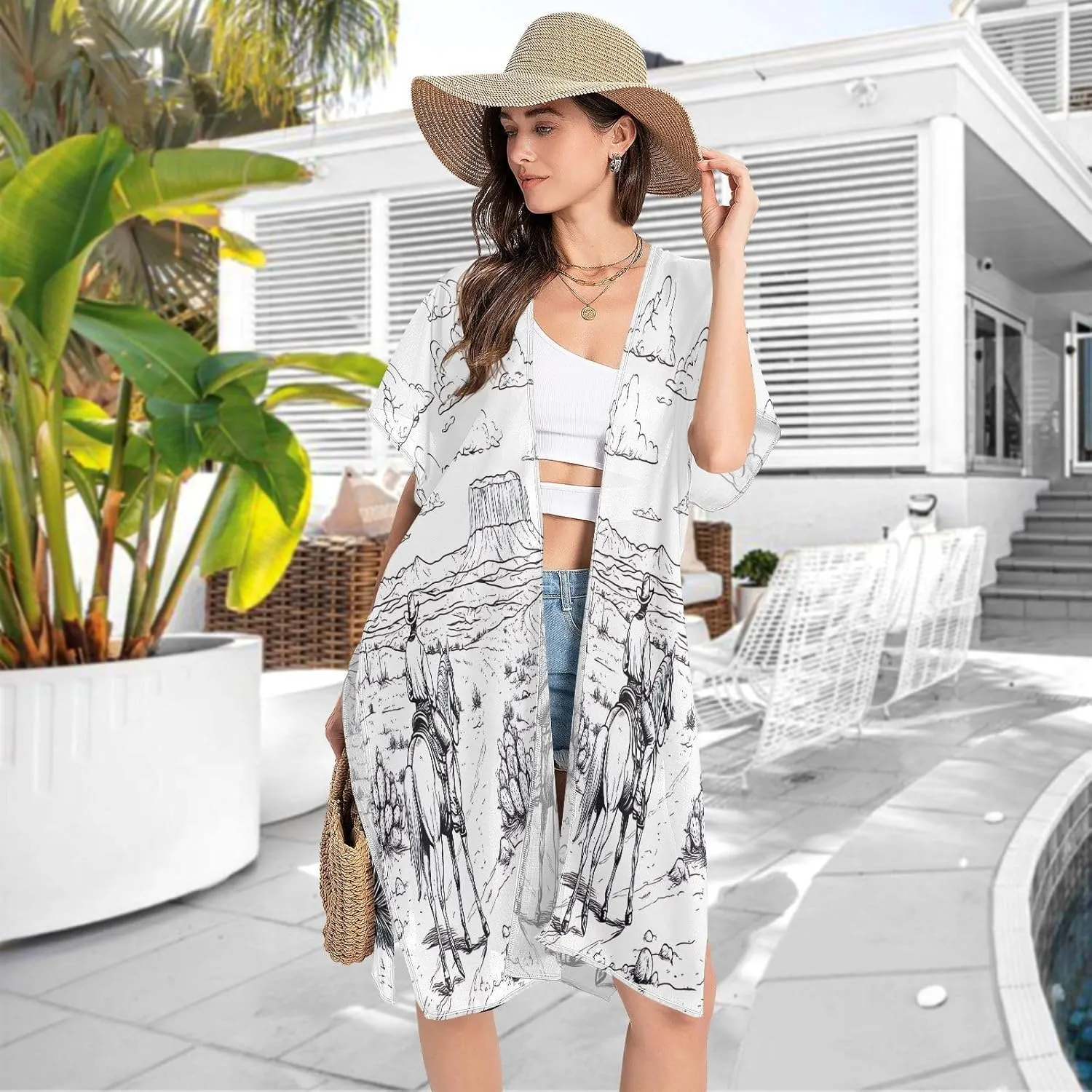 Desert Horseback Riding Women's Beach Cover up,Cardigan Swimsuit Kimono Casual Beach Swimwear-S