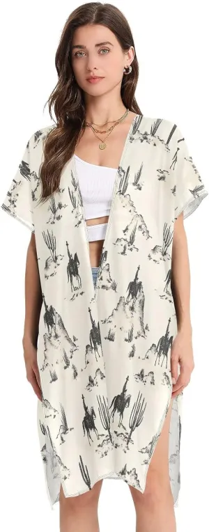 Desert Horseback Riding Women's Beach Cover up,Cardigan Swimsuit Kimono Casual Beach Swimwear-S