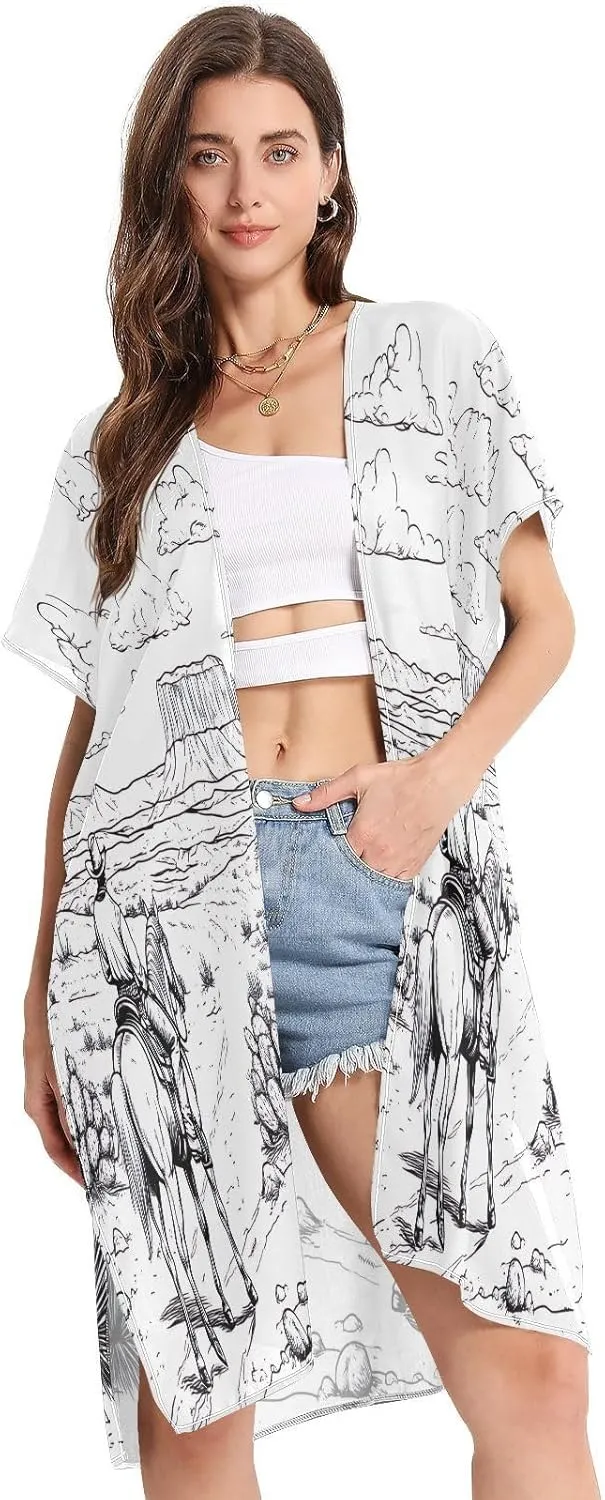 Desert Horseback Riding Women's Beach Cover up,Cardigan Swimsuit Kimono Casual Beach Swimwear-S
