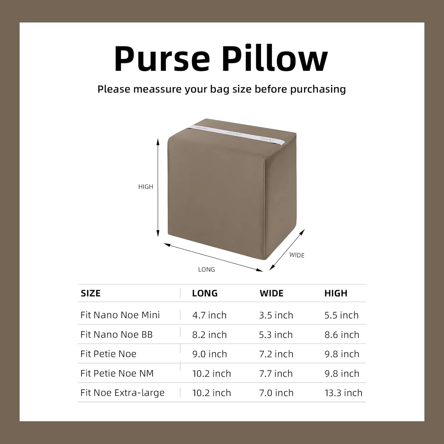 DGAZ Purse Pillow Insert for LV Nano Noe bags, Memory Foam, Silky Pillow Shaper for Luxury Handbags(Gris tourterelle,Nano Noe mini)