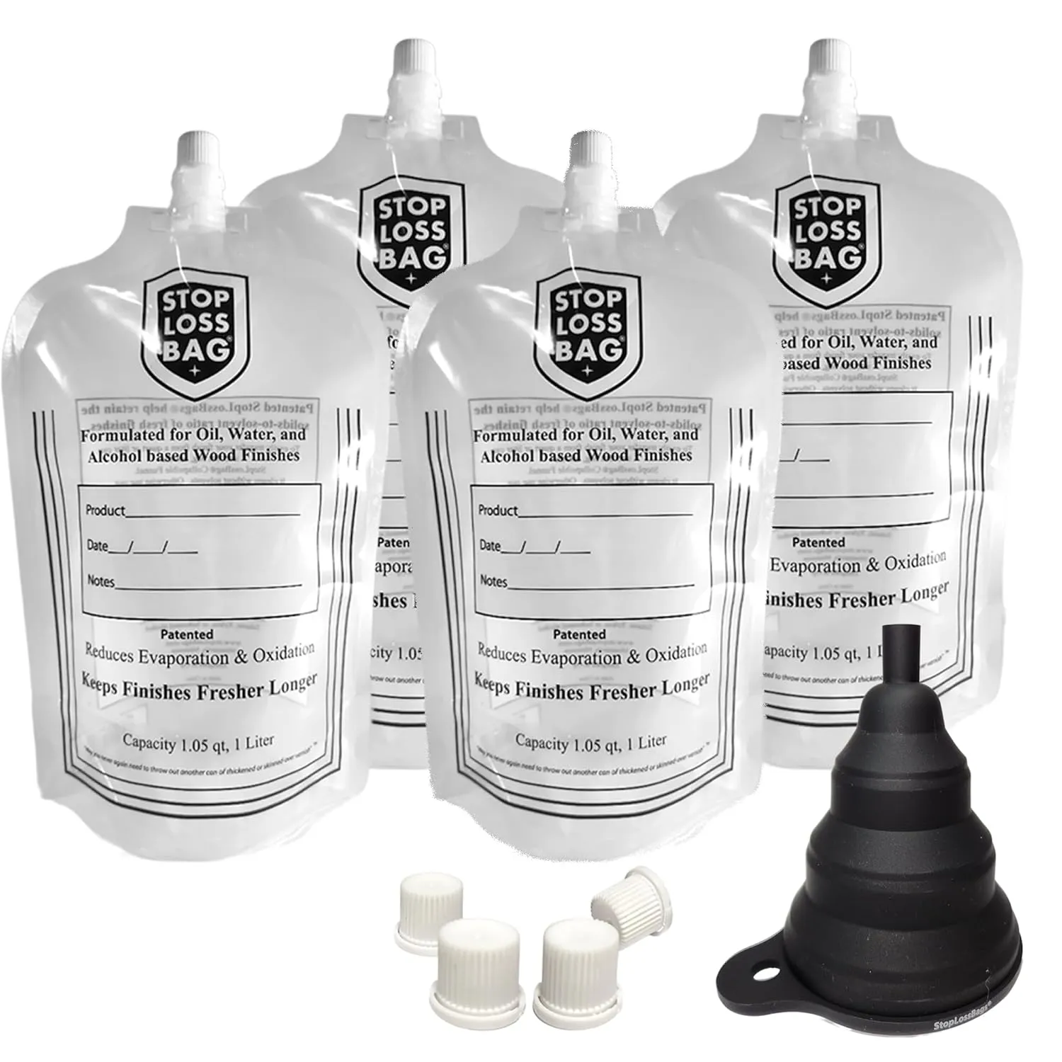 DIY Kit - 4 Bags, Collapsible Funnel and Extra Caps - Transfer, Dispense, Mix and Preserve with Ease - Perfect for Oil, Varnish, Stain, Gloss, Paint & Dye Fine Wood Finishes