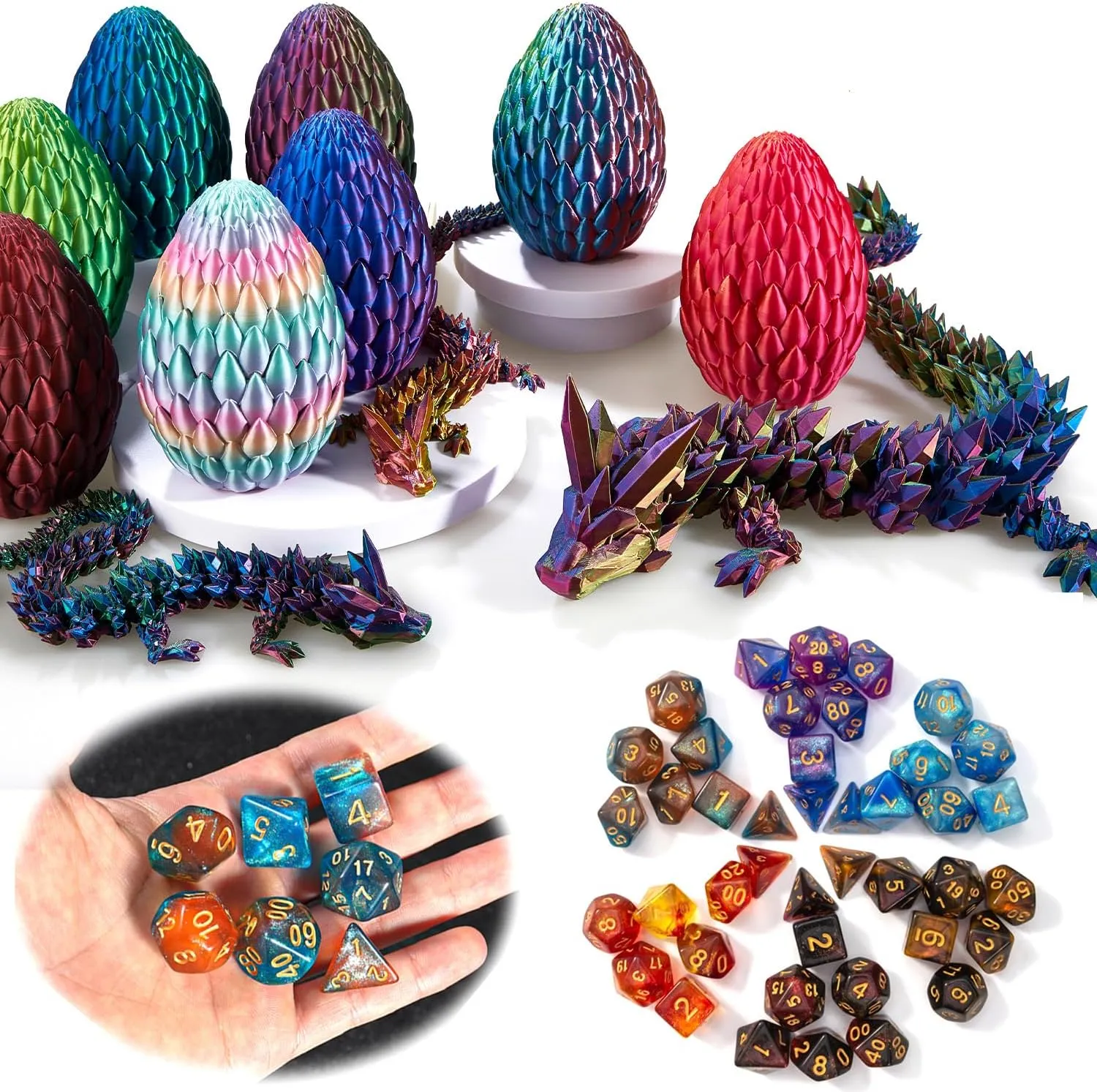 DND Dice Set (7 Pieces) and 3D Printed Dragon Egg, Fidget Toys, Surprise Egg and Polyhedral Dice Set With Gift Box, Playing Game for RPG DND MTG