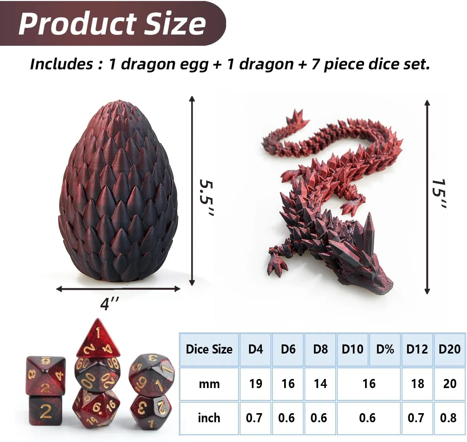 DND Dice Set (7 Pieces) and 3D Printed Dragon Egg, Fidget Toys, Surprise Egg and Polyhedral Dice Set With Gift Box, Playing Game for RPG DND MTG