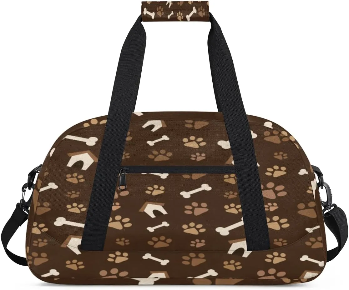 Dog Paw Print Gym Duffel Bag for Men Women Brown House Sports Tote Bag with Adjustable Shoulder Strap for Dance Gymnastics Traveling Outdoor Camping Overnight Stay