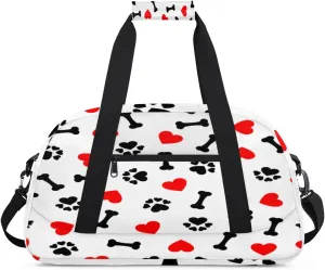 Dog Paw Print Gym Duffel Bag for Men Women Red Heart Bones Sports Tote Bag with Adjustable Shoulder Strap for Dance Gymnastics Traveling Outdoor Camping Overnight Stay