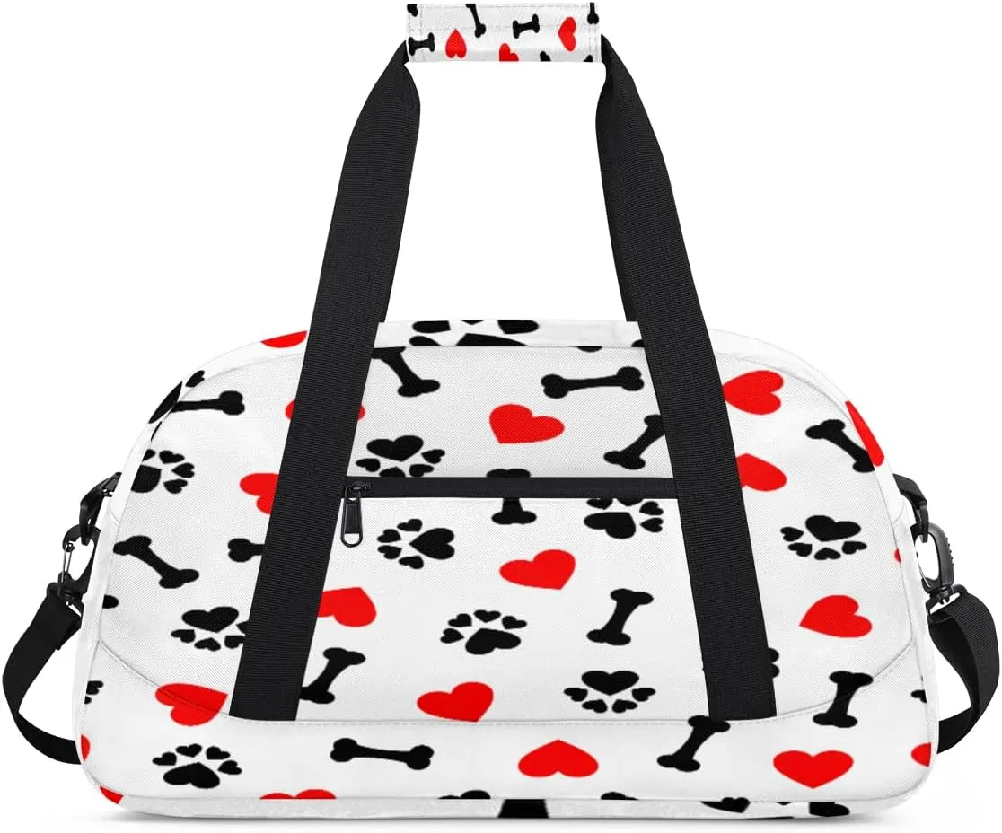 Dog Paw Print Gym Duffel Bag for Men Women Red Heart Bones Sports Tote Bag with Adjustable Shoulder Strap for Dance Gymnastics Traveling Outdoor Camping Overnight Stay