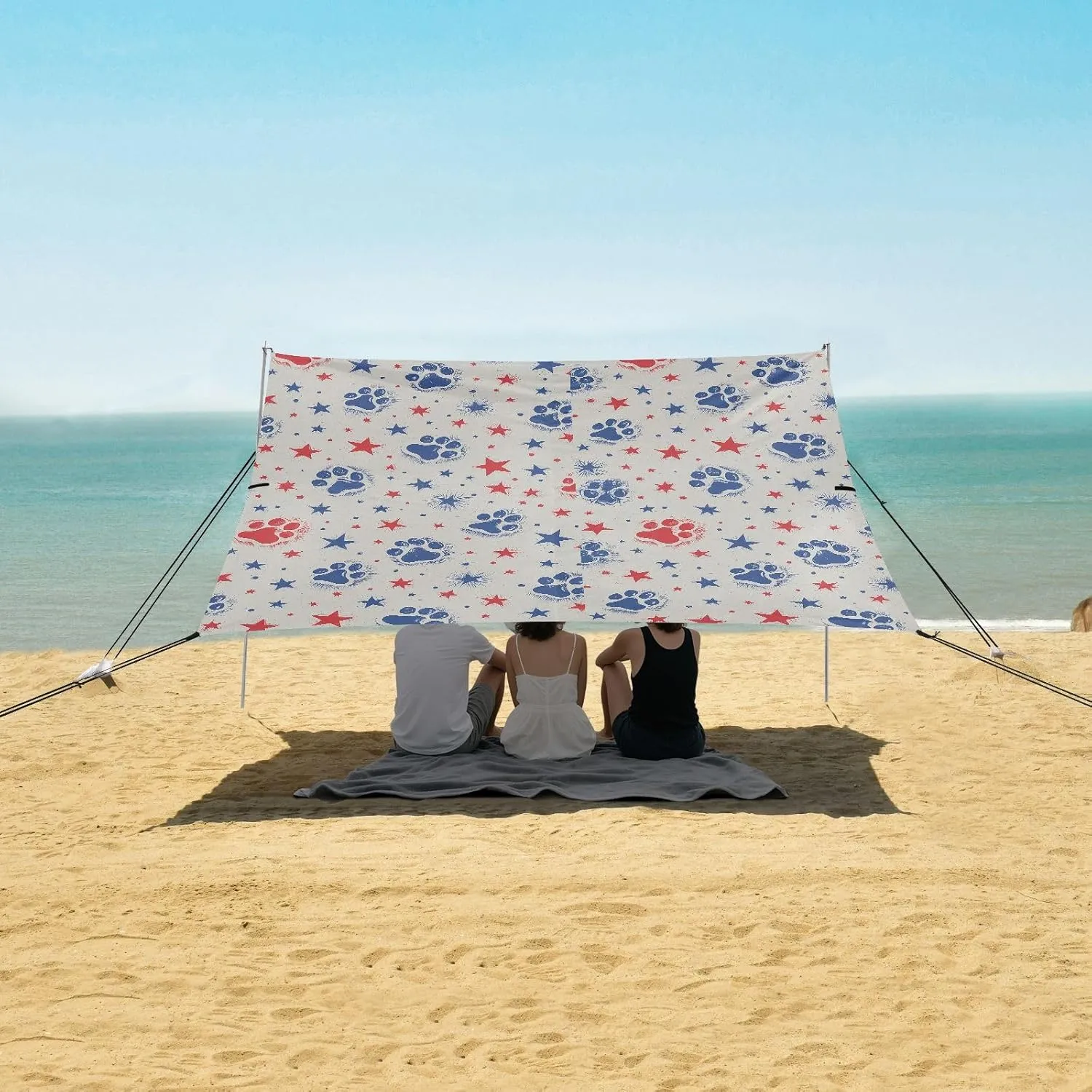 Dog Paw Prints and Stars Beach Canopy Tent Anti-UV & Wind Resistant, 4th Of July Doodle Camping Sun Shelter Easy Setup Portable,Outdoor Shade Tents with Sandbags,Sand Shovels,Ground Pegs & Stabi