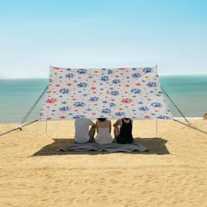 Dog Paw Prints and Stars Beach Canopy Tent Anti-UV & Wind Resistant, 4th Of July Doodle Camping Sun Shelter Easy Setup Portable,Outdoor Shade Tents with Sandbags,Sand Shovels,Ground Pegs & Stabi