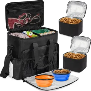 Dog Travel Bag, Airline Approved Tote Organizer, Travel Dog Backpack with Multi-Function Pockets for Dog Stuff & Pet Supplies Travel Essentials，Black with Bowl(BLUE&ORANGE)