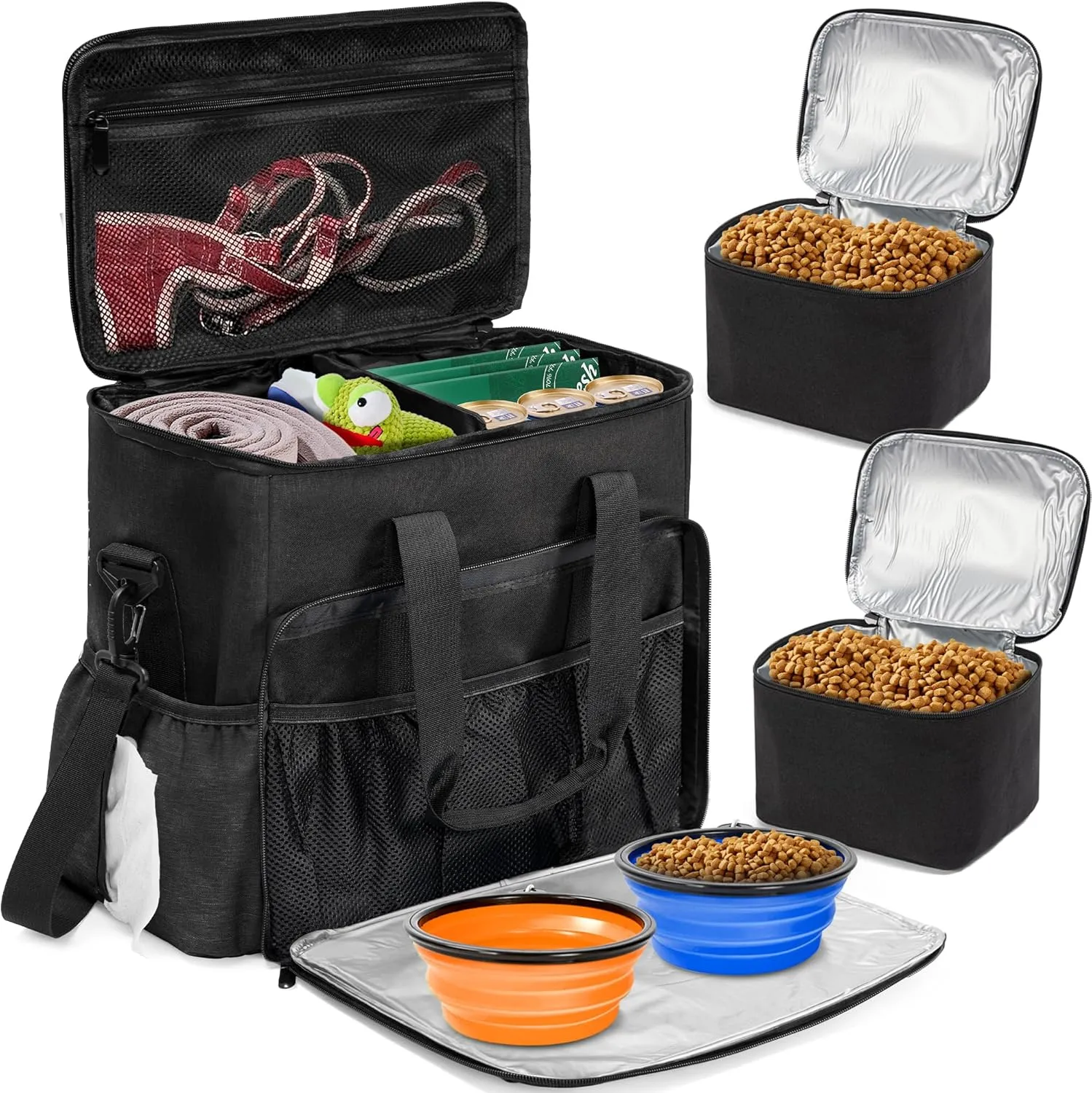 Dog Travel Bag, Airline Approved Tote Organizer, Travel Dog Backpack with Multi-Function Pockets for Dog Stuff & Pet Supplies Travel Essentials，Black with Bowl(BLUE&ORANGE)