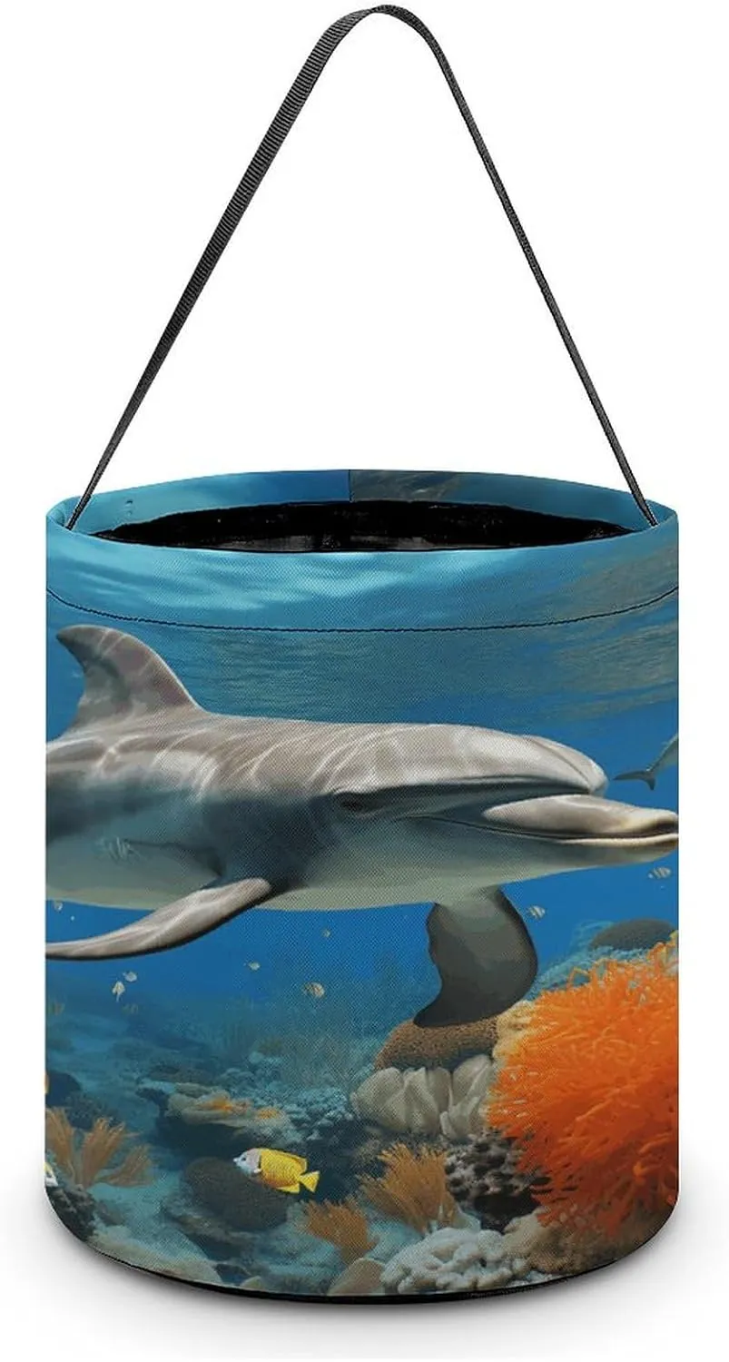 Dolphins Blue Halloween Tote Candy Bag Candy Basket Candy Bucket Gift Bag for Halloween Party