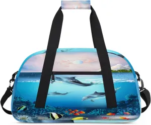 Dolphins Gym Duffel Bag for Men Women Colorful Sky Sports Tote Bag with Adjustable Shoulder Strap for Dance Gymnastics Traveling Outdoor Camping Overnight Stay