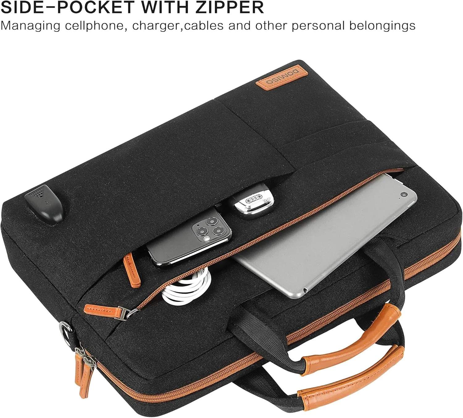 DOMISO 17 Inch Thickened Multi-Functional Laptop Sleeve Business Briefcase Messenger Bag with USB Charging Port Compatible for 17-17.3" Notebook/Dell/Acer/HP/MSI, Black&Brown