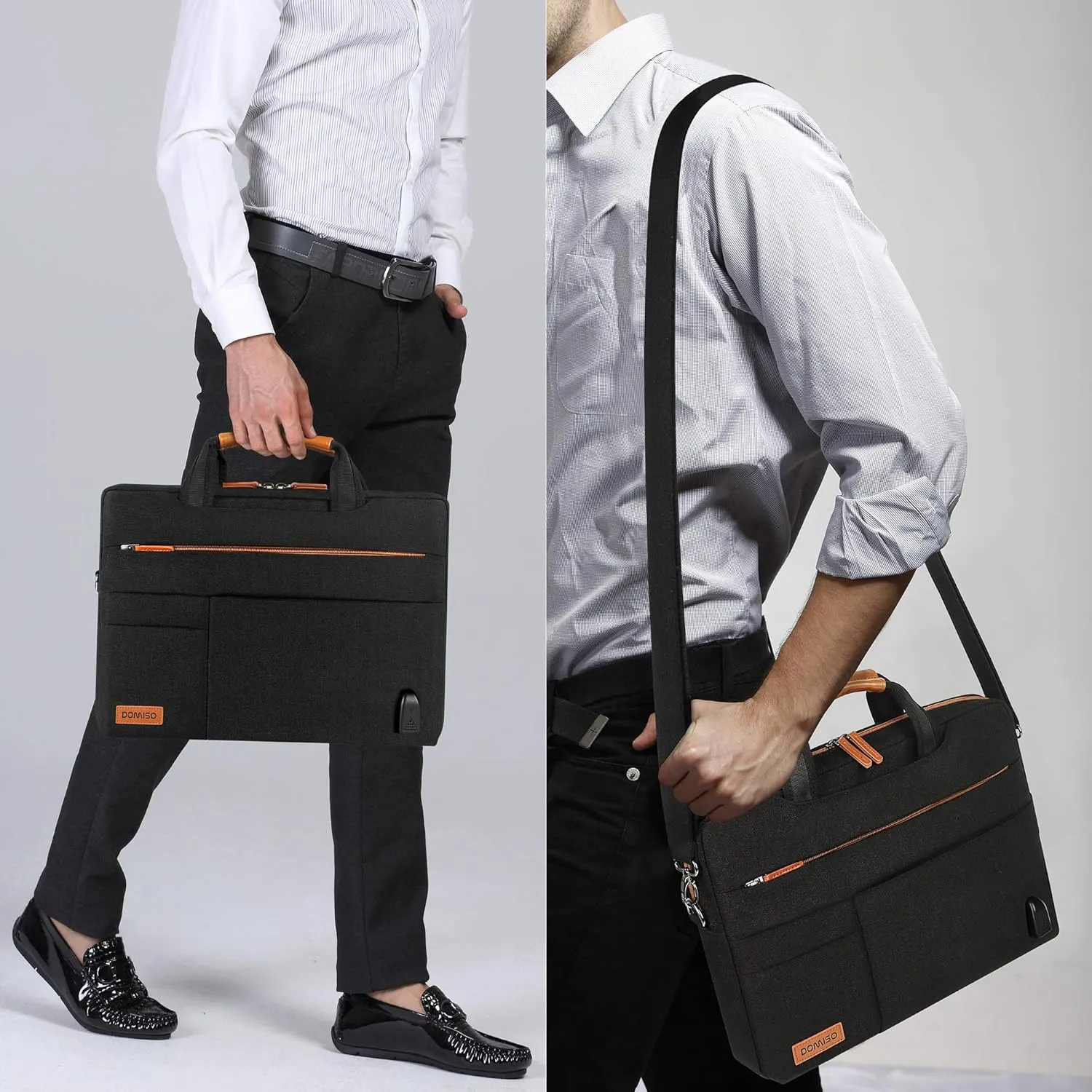 DOMISO 17 Inch Thickened Multi-Functional Laptop Sleeve Business Briefcase Messenger Bag with USB Charging Port Compatible for 17-17.3" Notebook/Dell/Acer/HP/MSI, Black&Brown