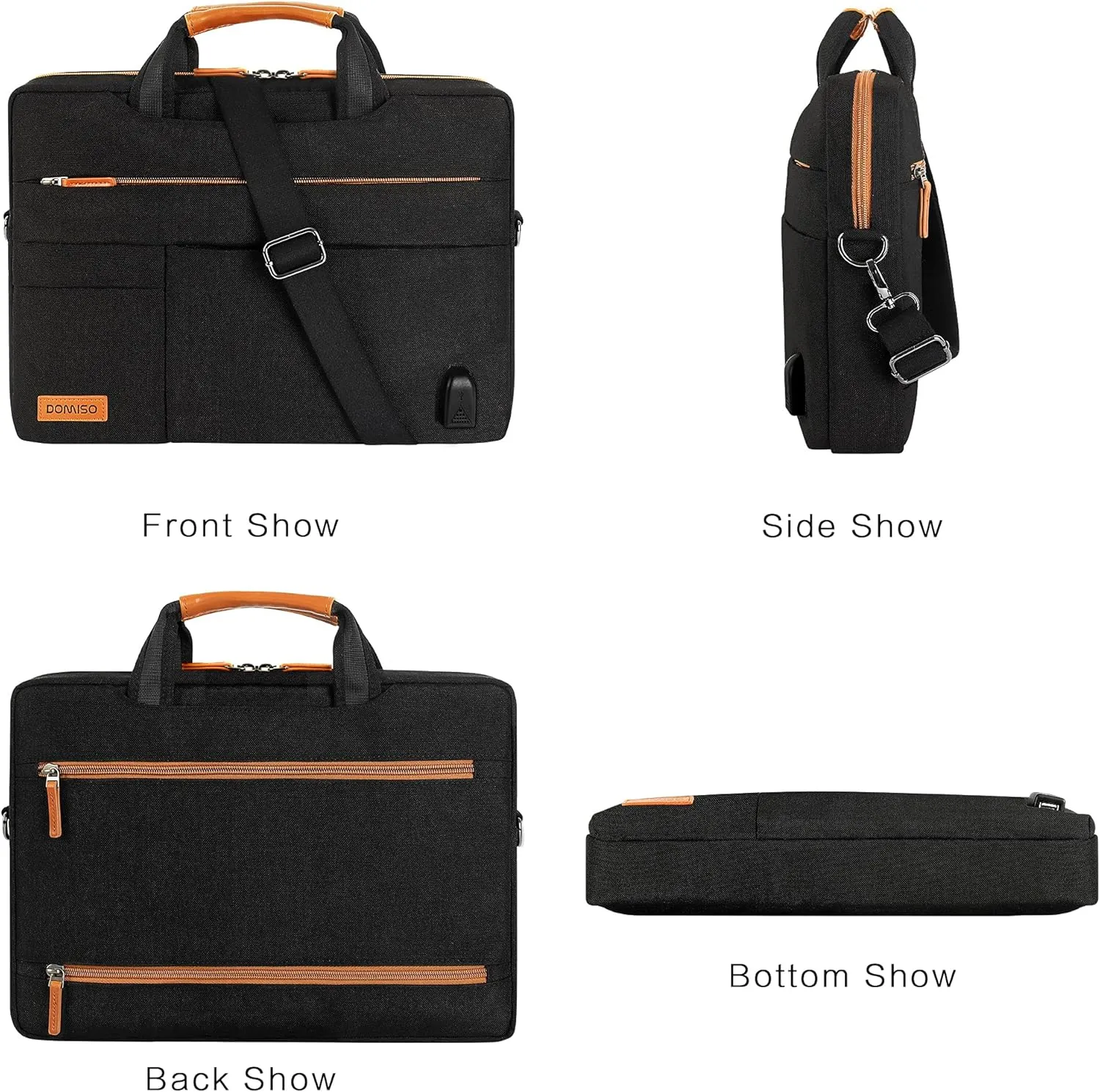DOMISO 17 Inch Thickened Multi-Functional Laptop Sleeve Business Briefcase Messenger Bag with USB Charging Port Compatible for 17-17.3" Notebook/Dell/Acer/HP/MSI, Black&Brown