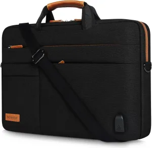 DOMISO 17 Inch Thickened Multi-Functional Laptop Sleeve Business Briefcase Messenger Bag with USB Charging Port Compatible for 17-17.3" Notebook/Dell/Acer/HP/MSI, Black&Brown