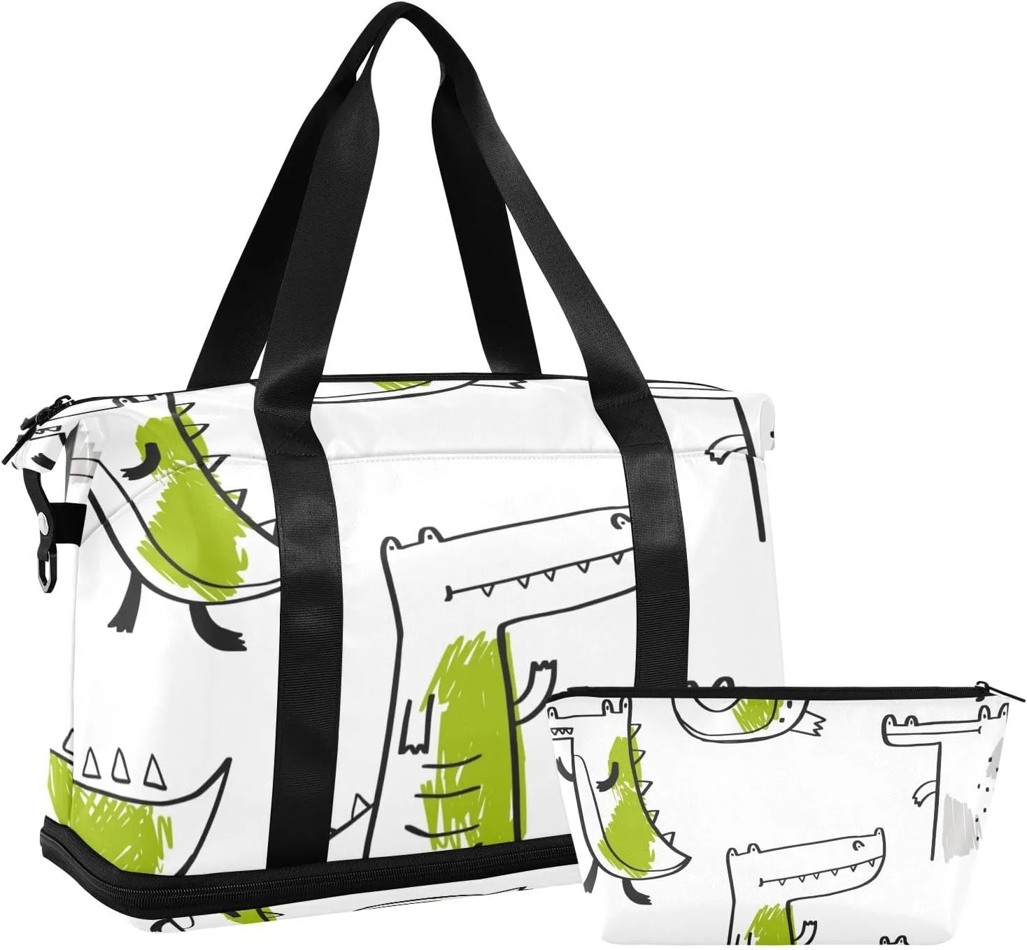 Doodle Crocodiles Versatile Sports Travel Bag - Lasting Twill Tote, Removable Wheel & Rod Bagging, Multi-pocket Design, Complimentary Makeup Bag