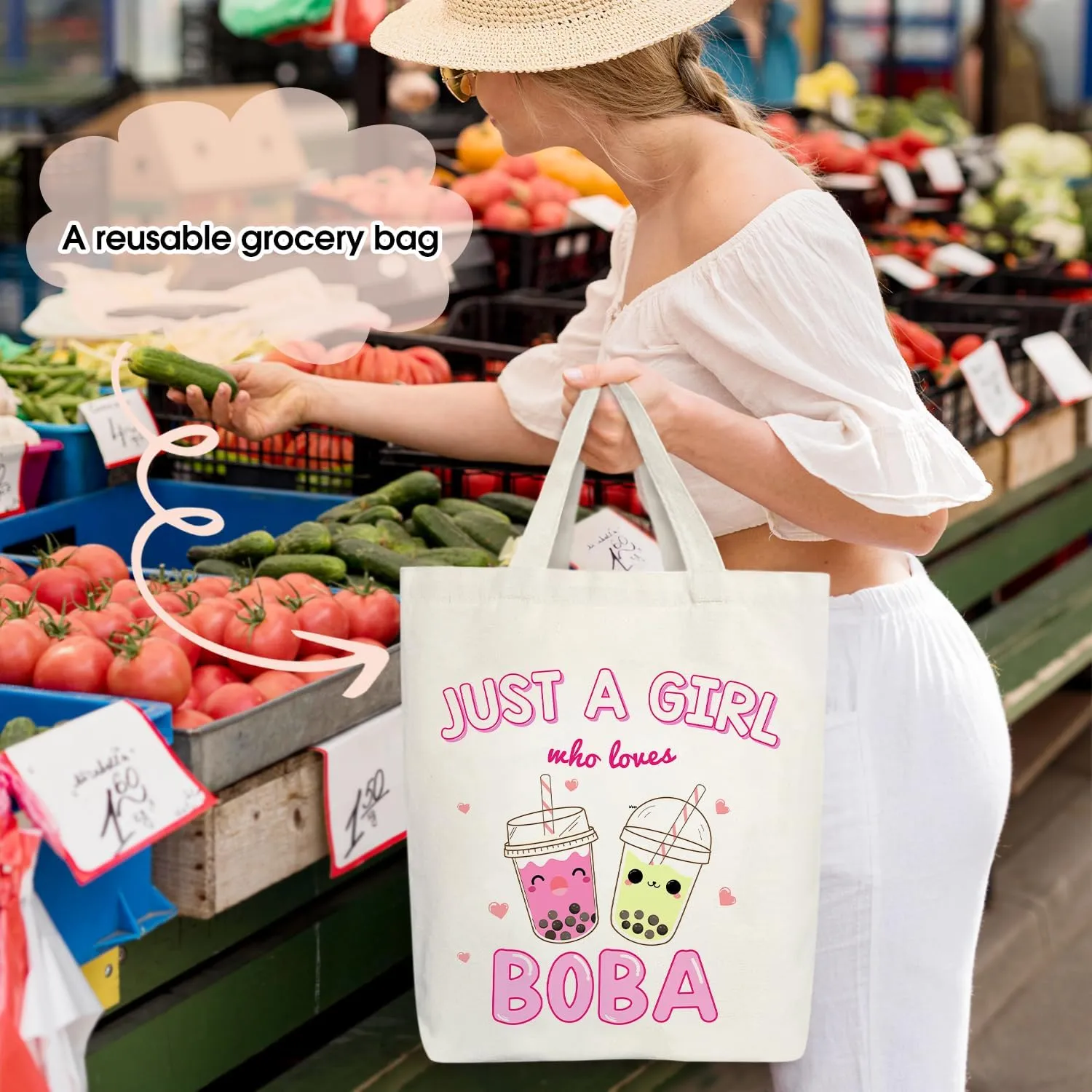Doreen's Boutique Canvas Tote Bag Gift for Women, Tea Lover Gifts for Women Female, Tote Bag Shopping Reusable Grocery Beach Shoulder Bag /A09