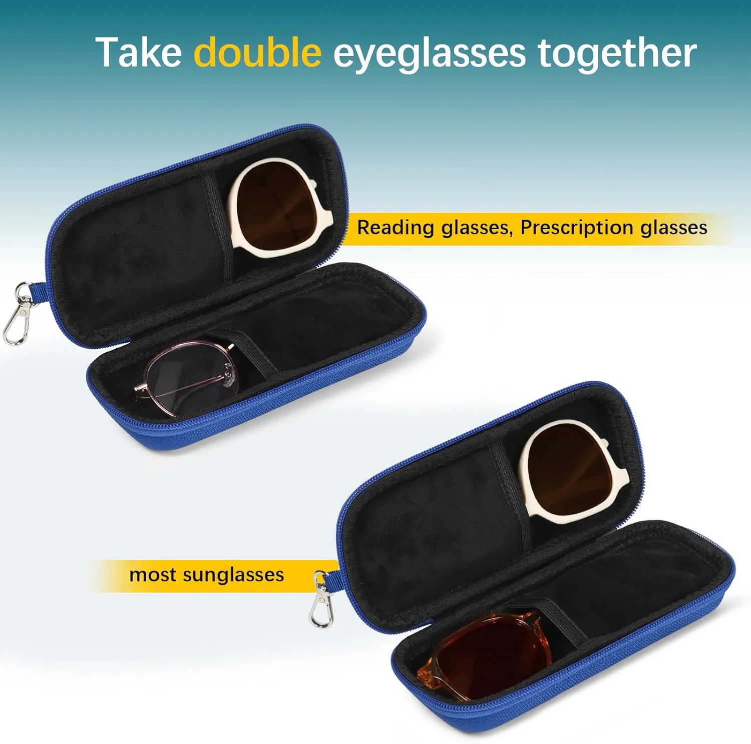 Double Eyeglasses Case Hard Shell Dual Sunglasses Organizer with Zipper Closure Travel Eyewear Storage for Vehicle