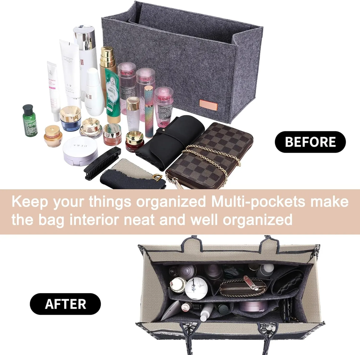 Doxo Purse Organizer Insert for Handbags, Felt Purse Organizer for Purse with 2 Sizes, Tote Bag Insert Compatible with D Large Book Tote Bags & Lv Onthego GM and More (Grey-XL)