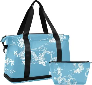 Dragon Design in Blue Versatile Sports Travel Bag - Lasting Twill Tote, Removable Wheel & Rod Bagging, Multi-pocket Design, Complimentary Makeup Bag